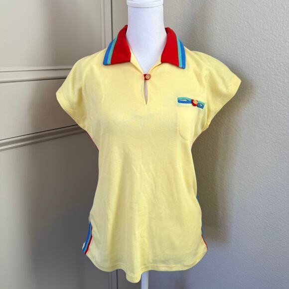 VTG 70s Queens Way to Fashion Polo Shirt Yellow Colorblock Women’s L Preppy - Picture 3 of 10